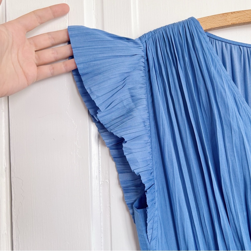 Current Air • Anthropologie Sereia Pleated Midi Dress blue flutter sleeve - Picture 6 of 13